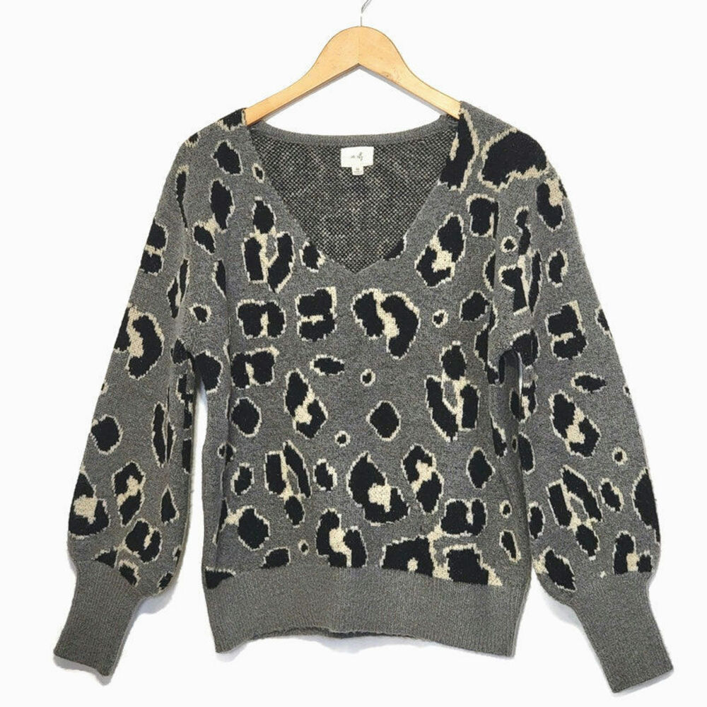 Anthropologie En Elly Leopard Print Sweater V Neck Black Gray Cozy Soft Size M